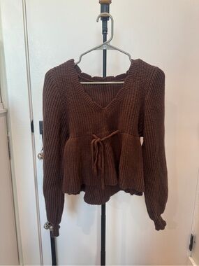 Brown V-Neck Tie-Front Women's Sweater